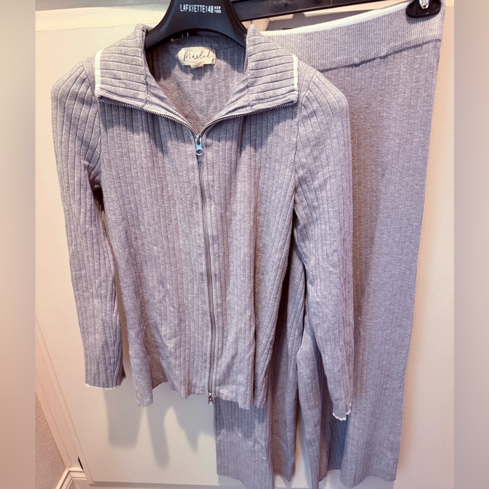 Marled Light Gray Ribbed Pajama Set